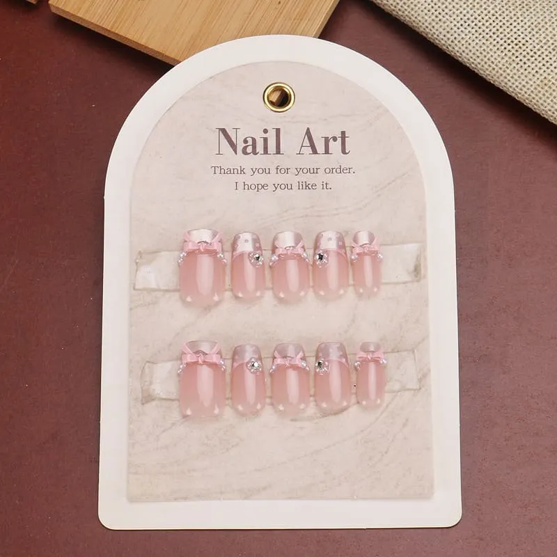 Nailhour 10Pcs Glitter Bow French 3D Pink Short Square Press On Nails