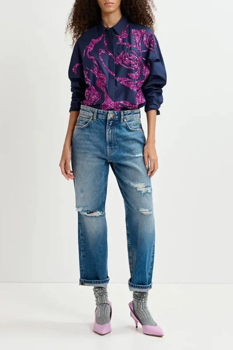 Floral Patterned Long Sleeve Navy Shirts