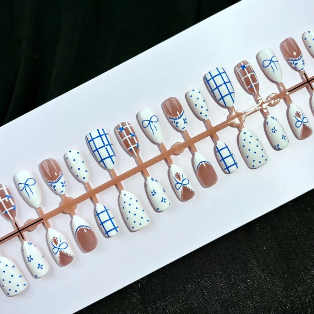 Nailhour 30Pcs Blue And White Medium Almond French Press On Nails
