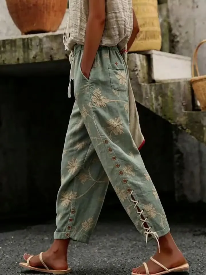 Women'S Casual Printed Button-Up Tie Cotton Linen Trousers