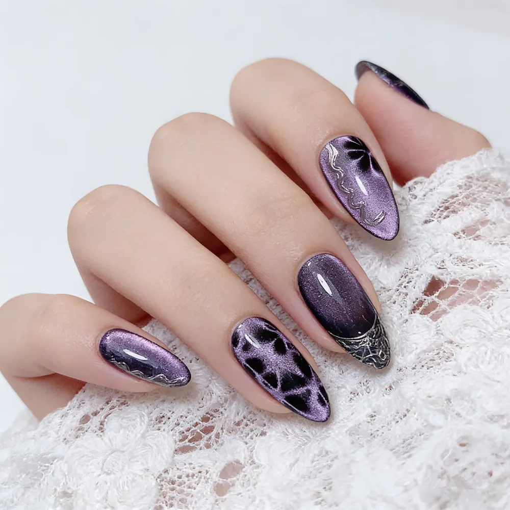 Nailhour 10Pcs French Glitter Cat Eye Purple Minimalist Medium Almond Press On Nails