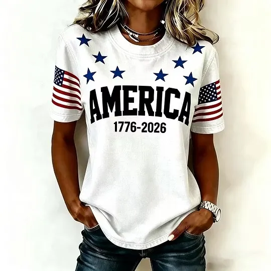 Women's 1776 Independence Day Flag Print Casual T-shirt