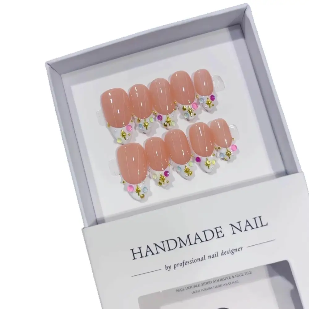 Nailhour 10Pcs 3D French Medium Almond Floral Press On Nails