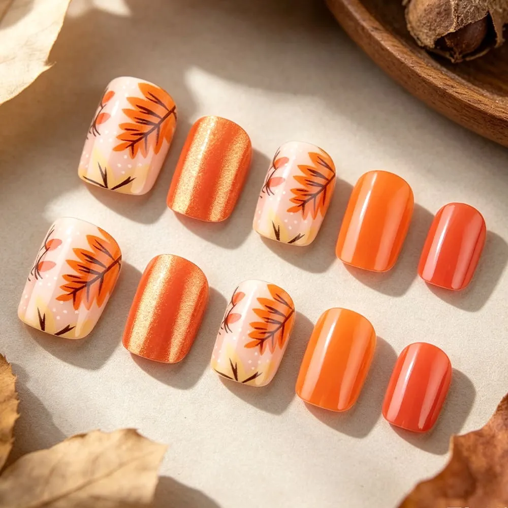 Nailhour 24Pcs Autumn French Short Square Glitter Press On Nails