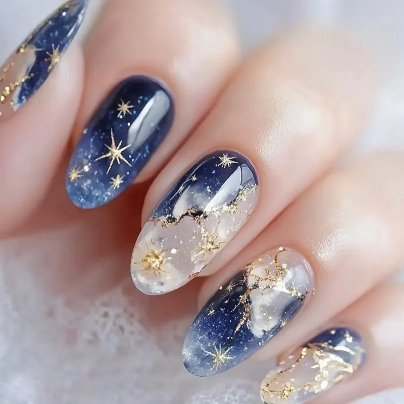 Nailhour Oval Gradient Glitter 24Pcs Blue Almond Cool Press On Nails