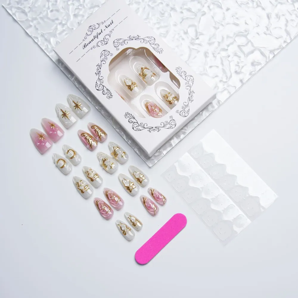 Nailhour 30Pcs 3D Medium Almond French Star Gilded Press On Nails