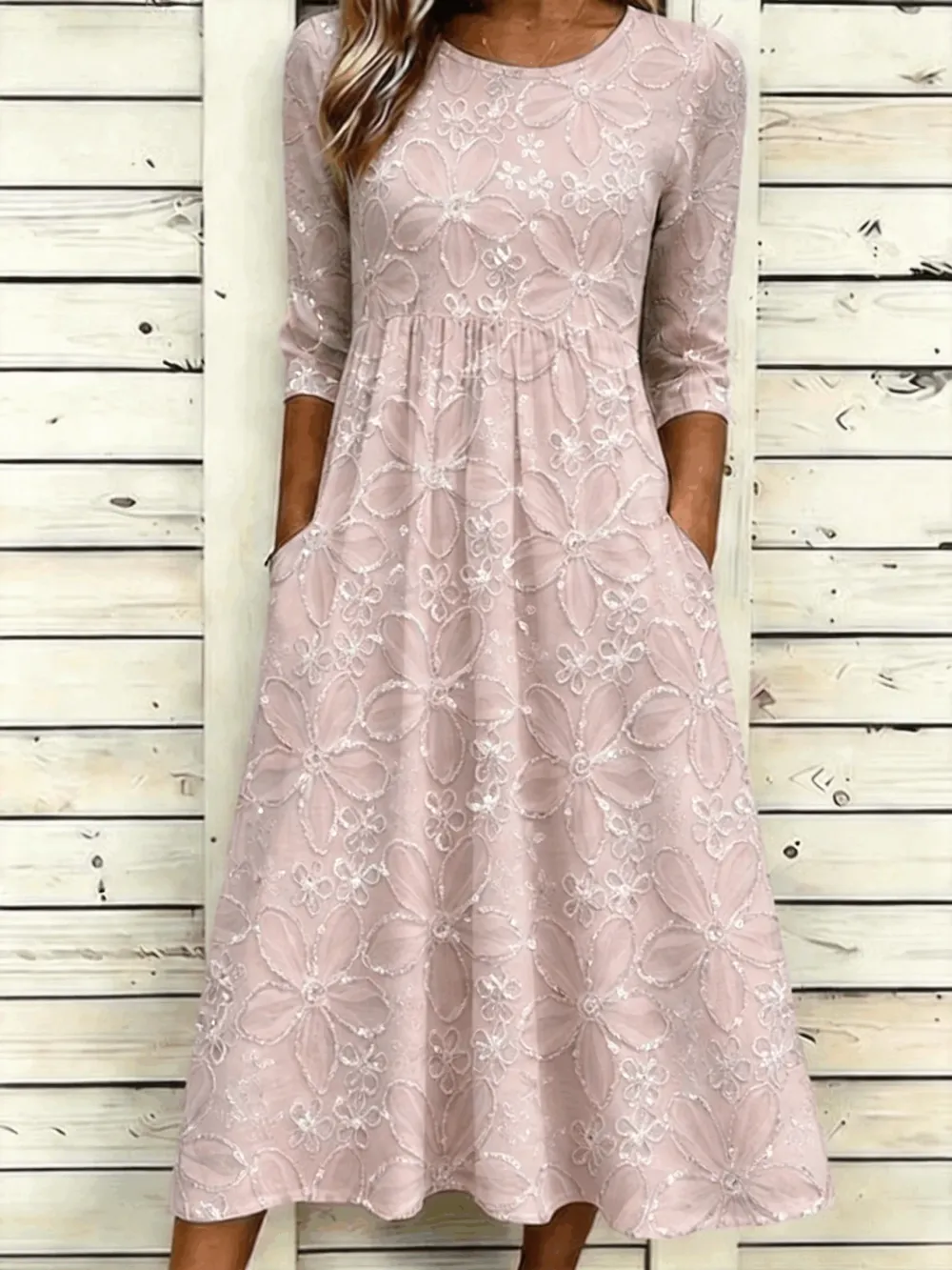 Women Floral Summer Dress Crew Neck Half Sleeve A-Line Dress