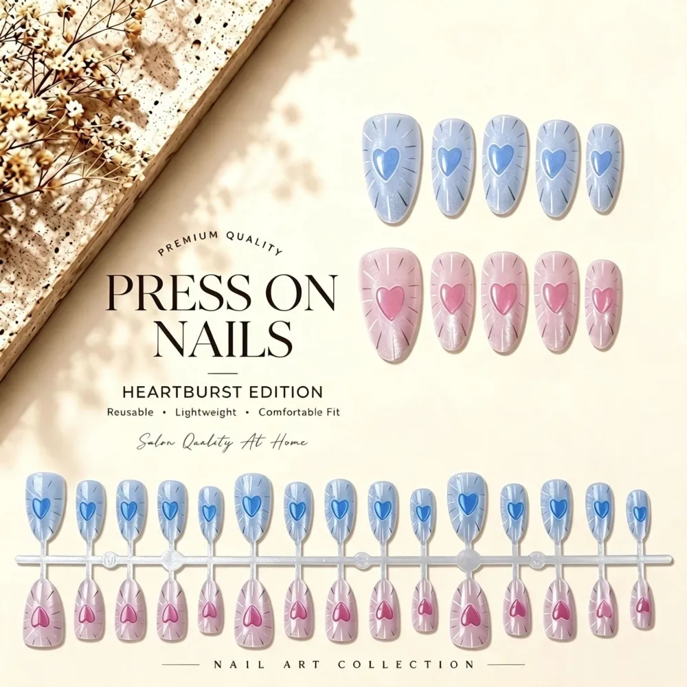Nailhour 30Pcs Pink & Blue Heart Medium Almond French Gradient Press On Nails