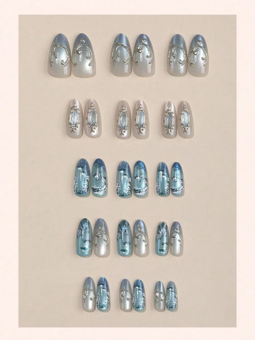 Nailhour 30Pcs Blue Vintage Gilded Floral Medium Almond Press On Nails