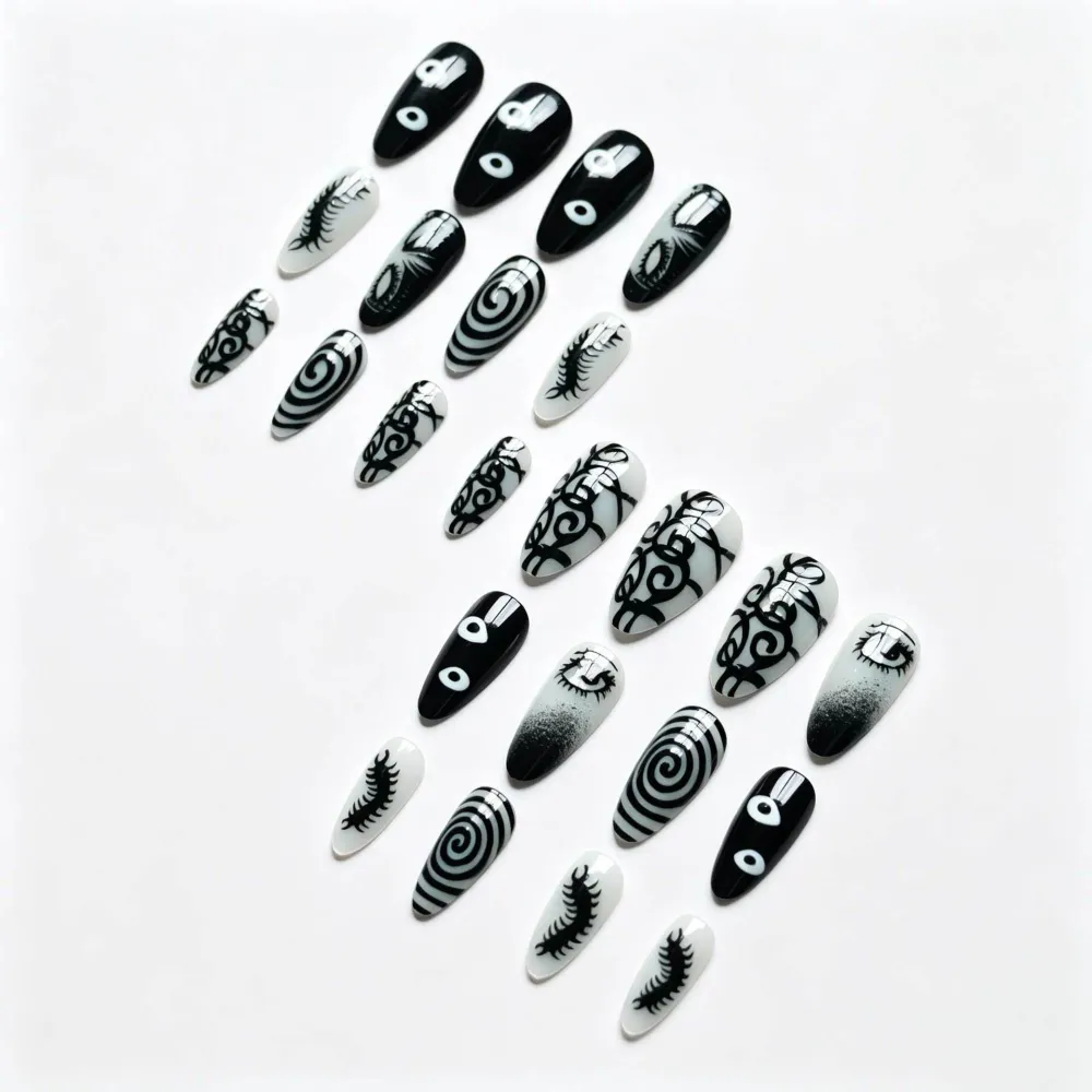 Nailhour 24Pcs Black Gothic Vintage Medium Almond Press On Nails