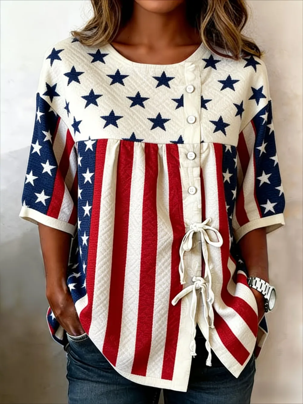 Ladies' Casual American Flag Personalized Printed Cotton Linen Top