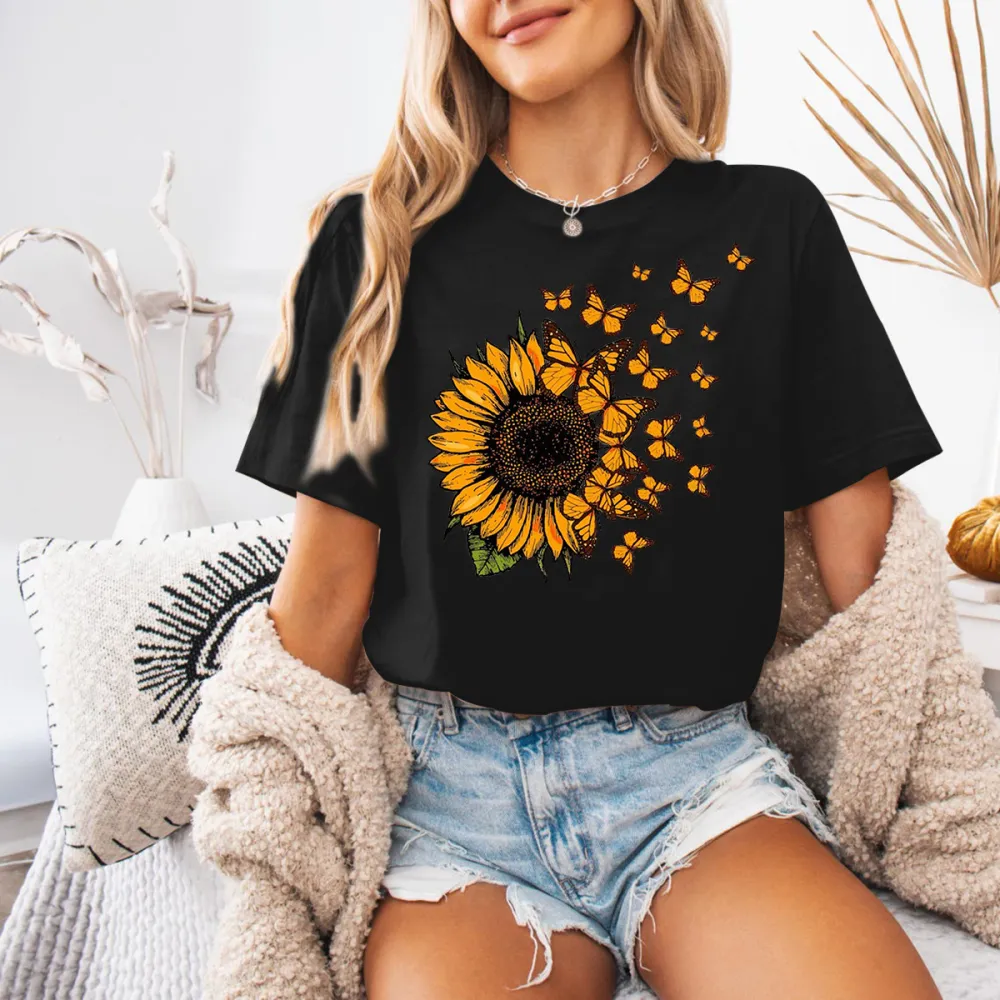 Sunflower And Butterfly Graphic T-Shirts