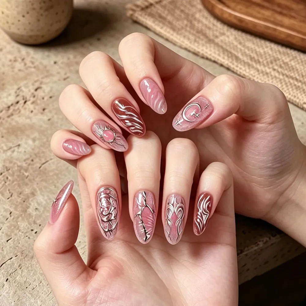 Nailhour 30Pcs Y2K Cat Eye 3D Medium Almond French Press On Nails