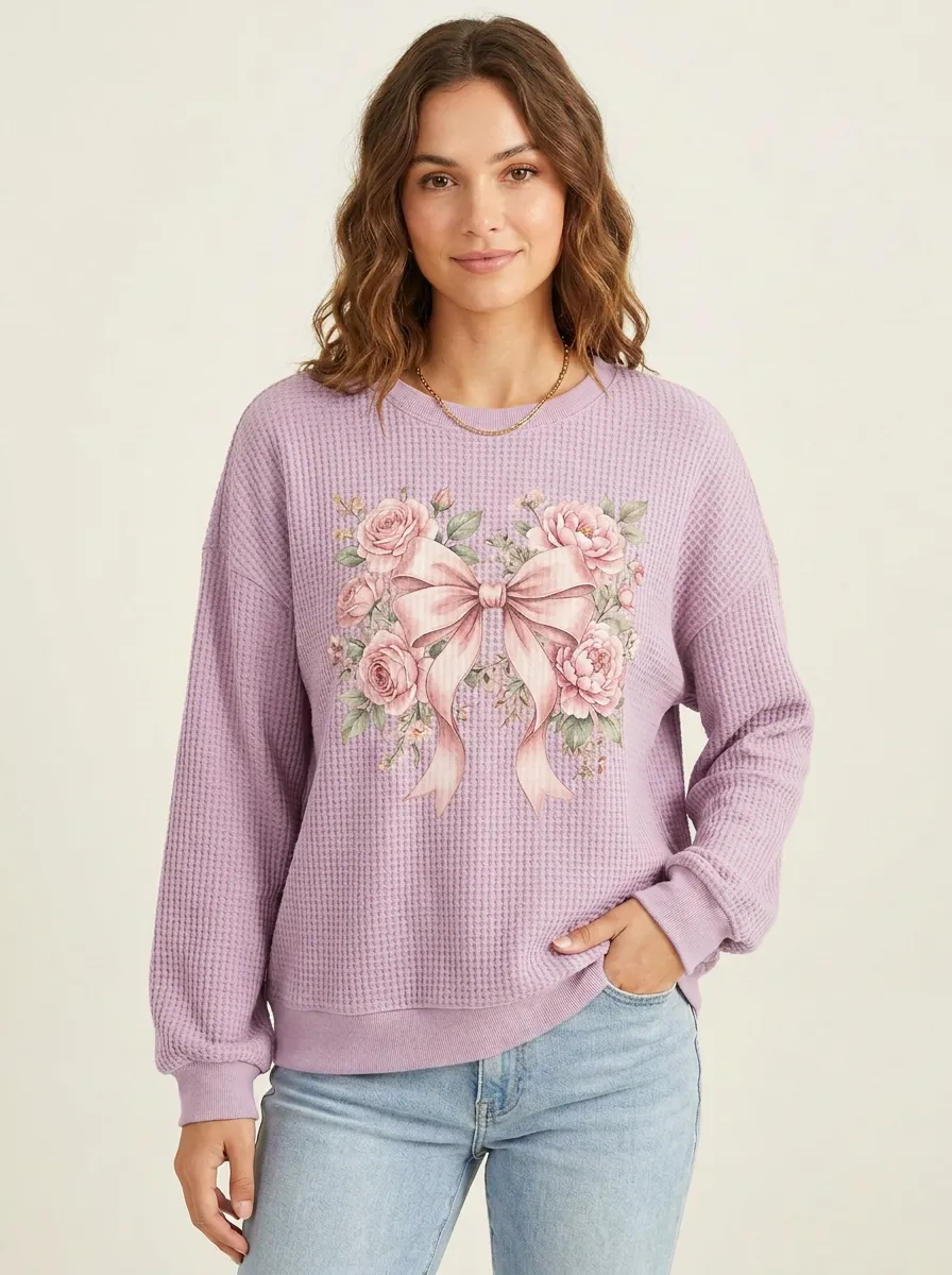 Women's Breast Cancer Awareness Pink Bow Floral Printed Waffle Sweatshirt