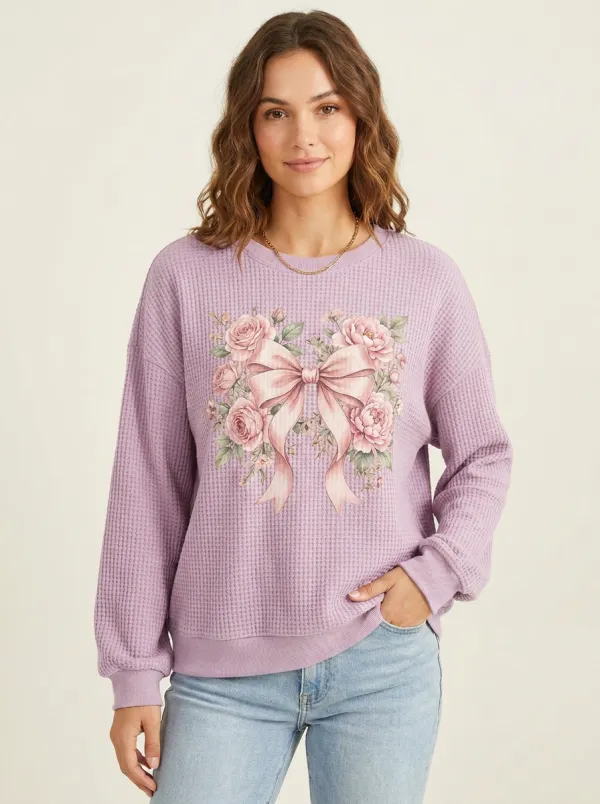 Women's Breast Cancer Awareness Pink Bow Floral Printed Waffle Sweatshirt