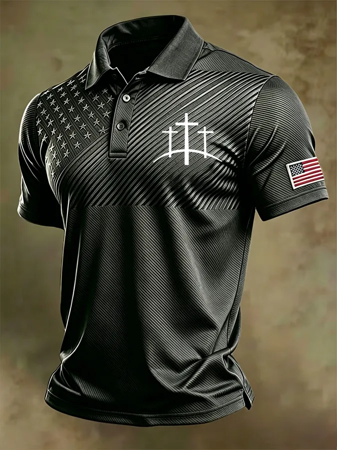 Men'S Retro National Flag And Cross Print Print Casual Polo Shirt