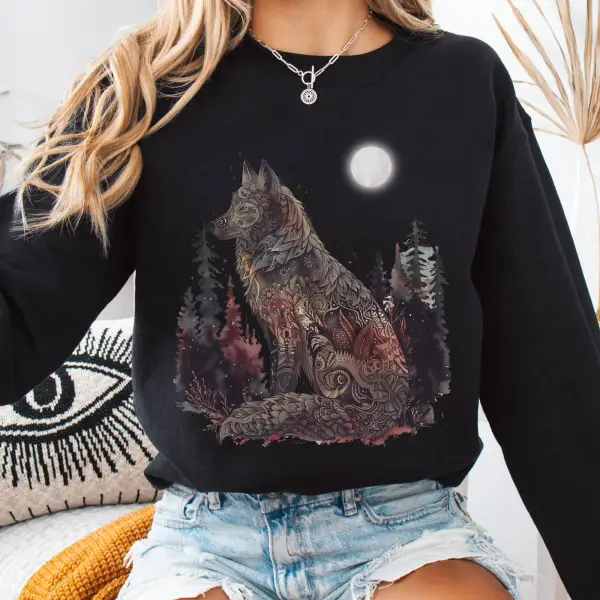 Vintage Forest Wolf Graphic Sweatshirt