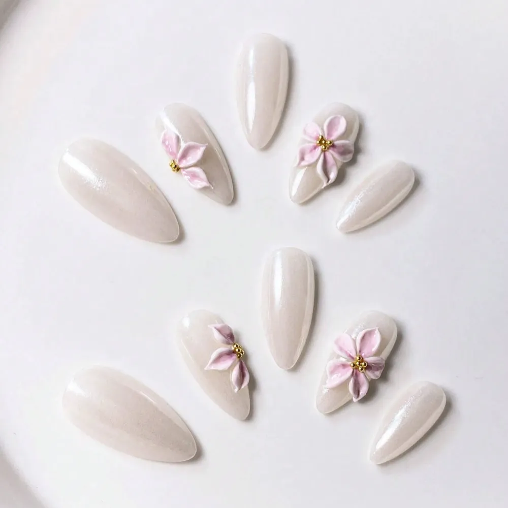 Nailhour 10Pcs Handmade Versatile Medium Almond 3D Floral Press On Nails