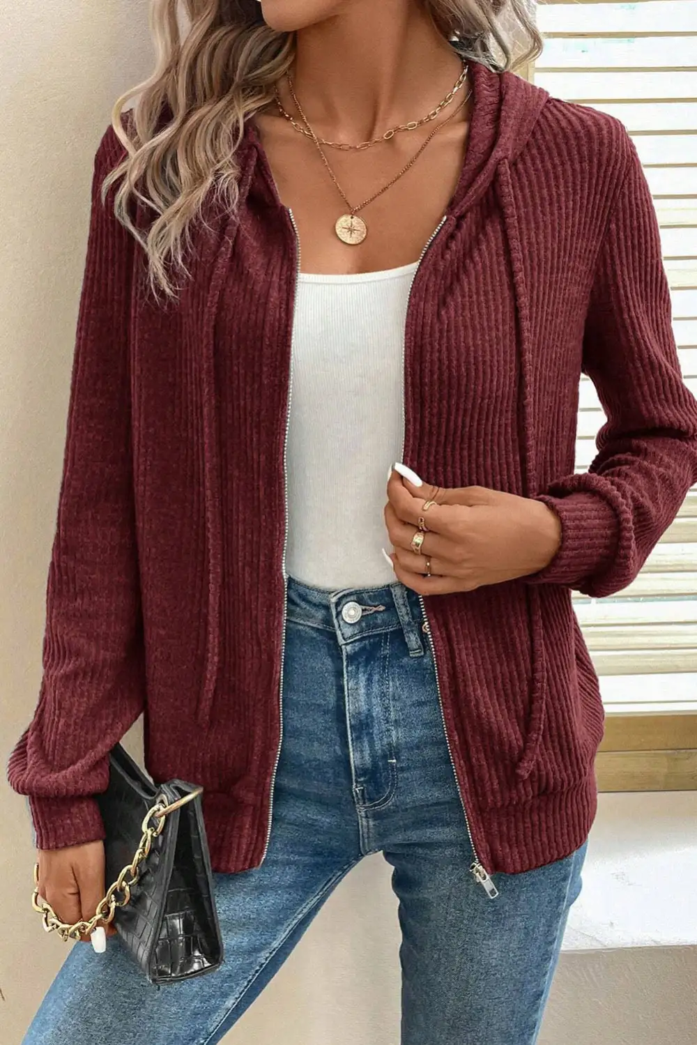 Everyday Ribbed Zip Up Front Drawstring Hoodie
