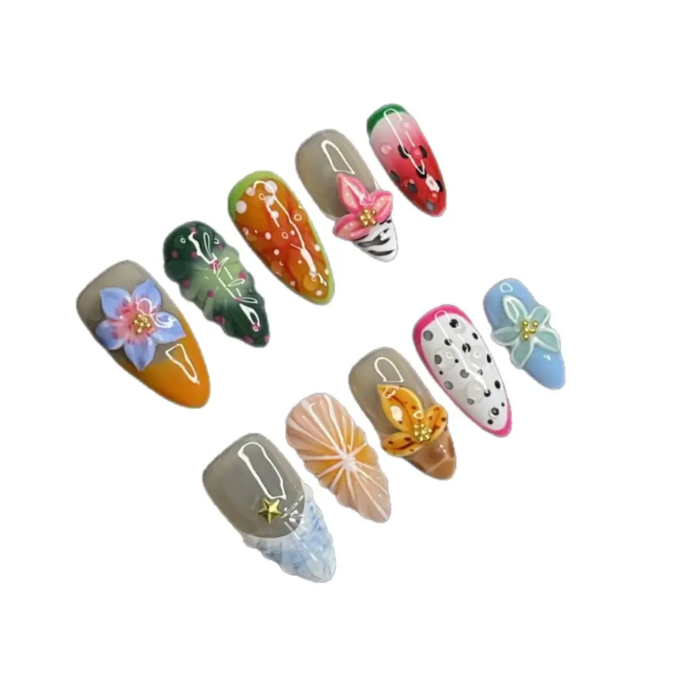 Nailhour 10Pcs Handmade 3D Floral Medium Almond Press On Nails
