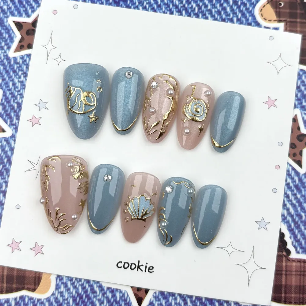 Nailhour 30Pcs Gray Blue Medium Almond Cat Eye Press On Nails