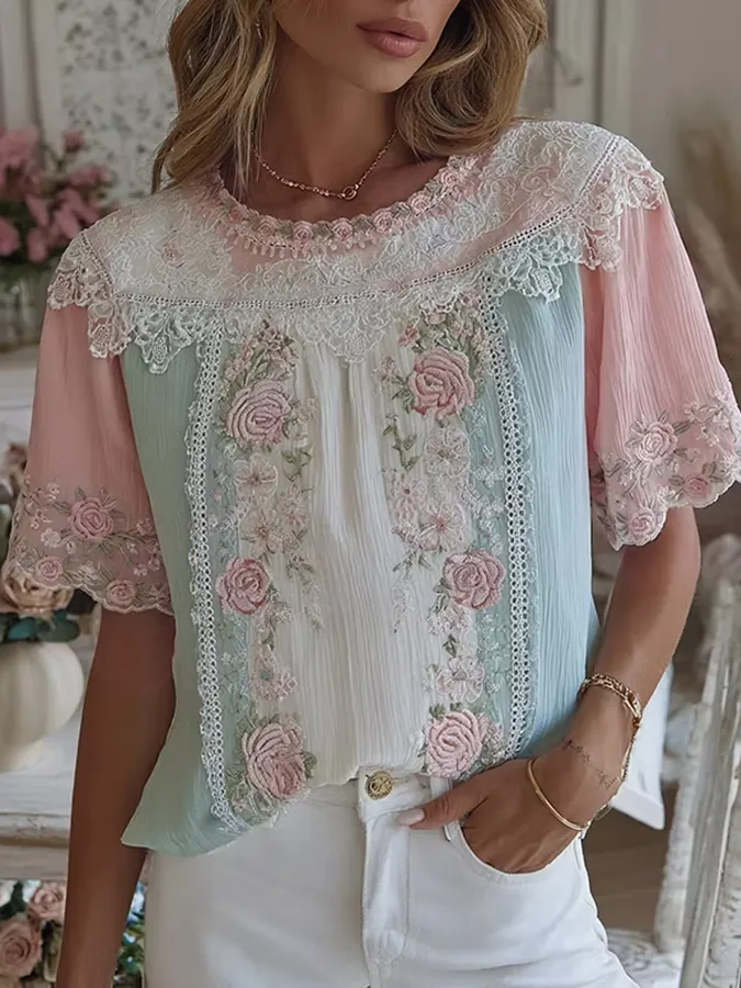 Women's casual floral print cotton and linen round neck top