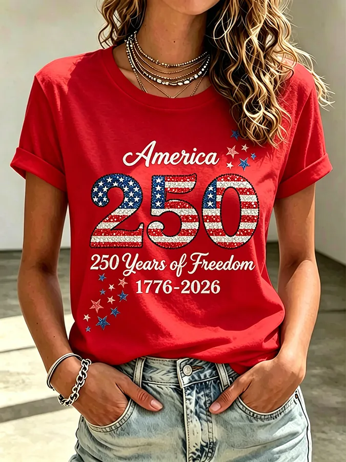 Ladies' Casual American 250Th Anniversary Sequin Personalized Printed Round Neck Short Sleeved T-Shirt