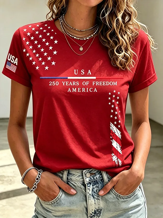 Embroidered Printed Round Neck Short Sleeved T-Shirt Commemorating The 250Th Anniversary Of The United States
