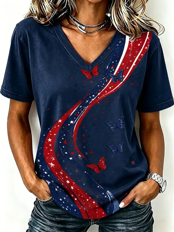 Women'S America Flag  Print Casual V-Neck T-Shirt