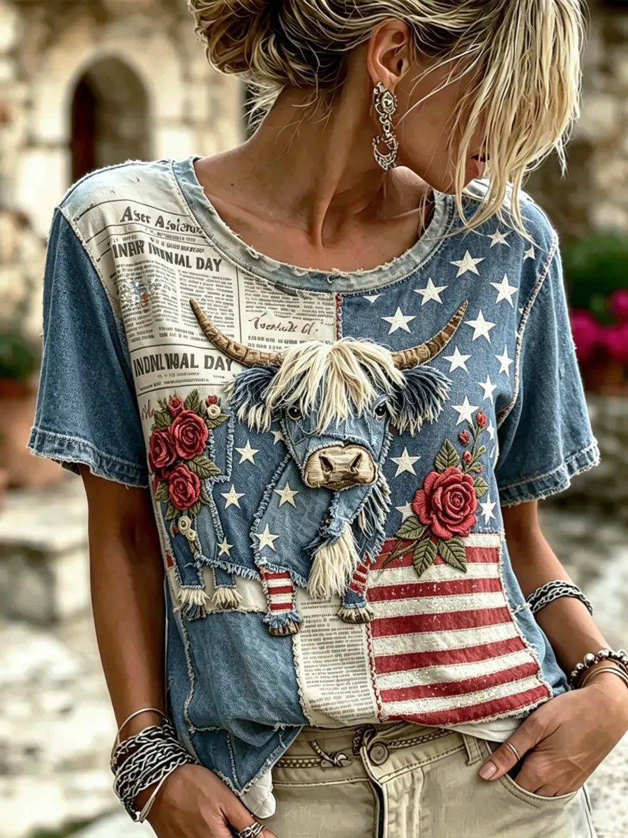 American Flag and Highland Cow Patchwork Design Women's Vintage T-Shirt