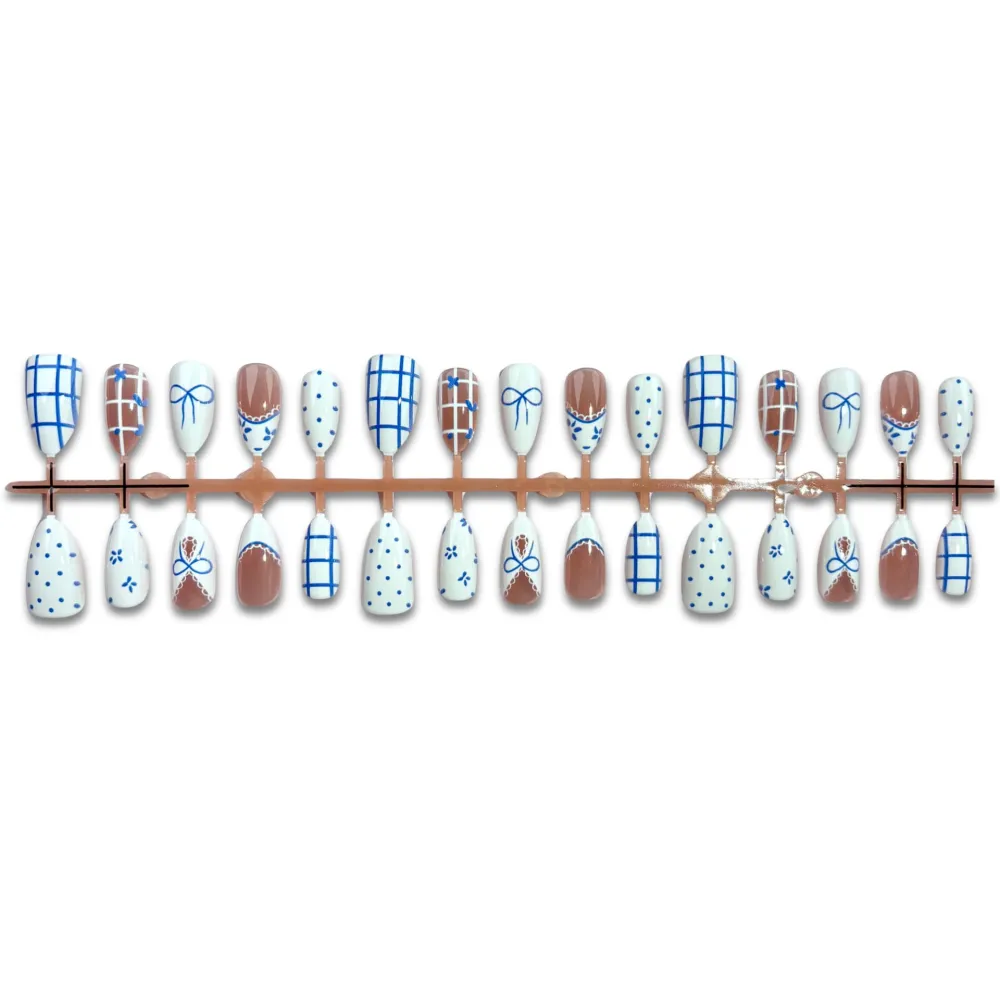 Nailhour 30Pcs Blue And White Medium Almond French Press On Nails