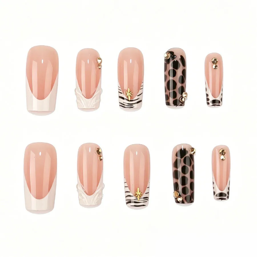 Nailhour 24Pcs Cool Leopard French Handmade Square Press On Nails