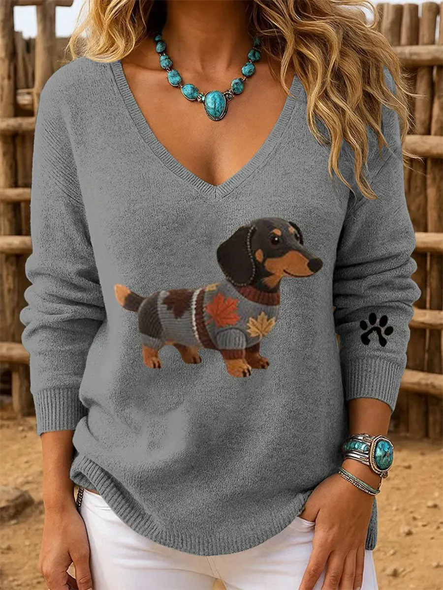 Women's Dog Art Print V Neck Sweater