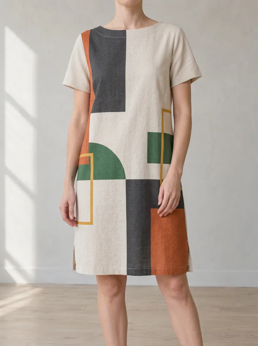 Women's Abstract Geometric Pattern Printed Linen Dress