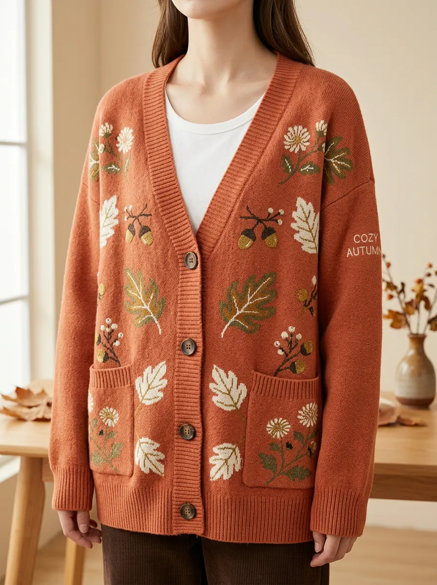 Acorn Leaf Floral Embroidered Women's Knit Cardigan