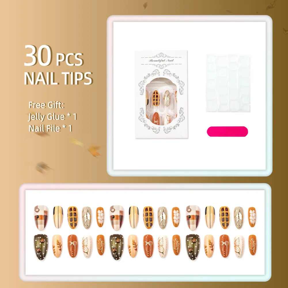 Nailhour 30Pcs Cute Ladybug Medium Almond Gilded Press On Nails