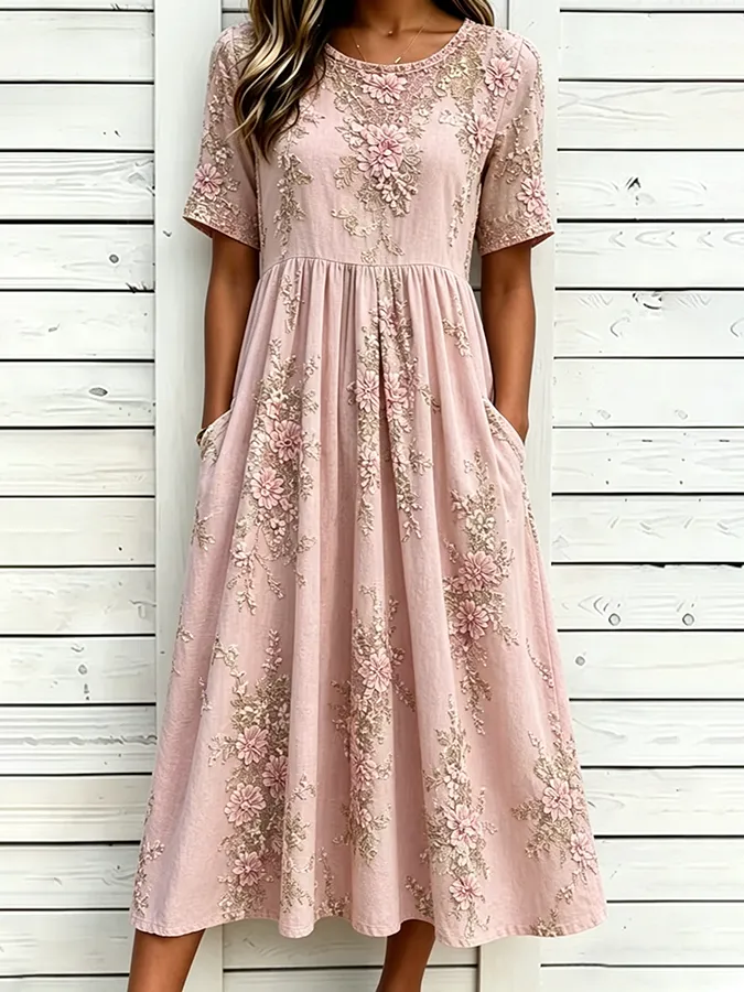 Women's Floral print Cotton Linen Short-Sleeved Dress