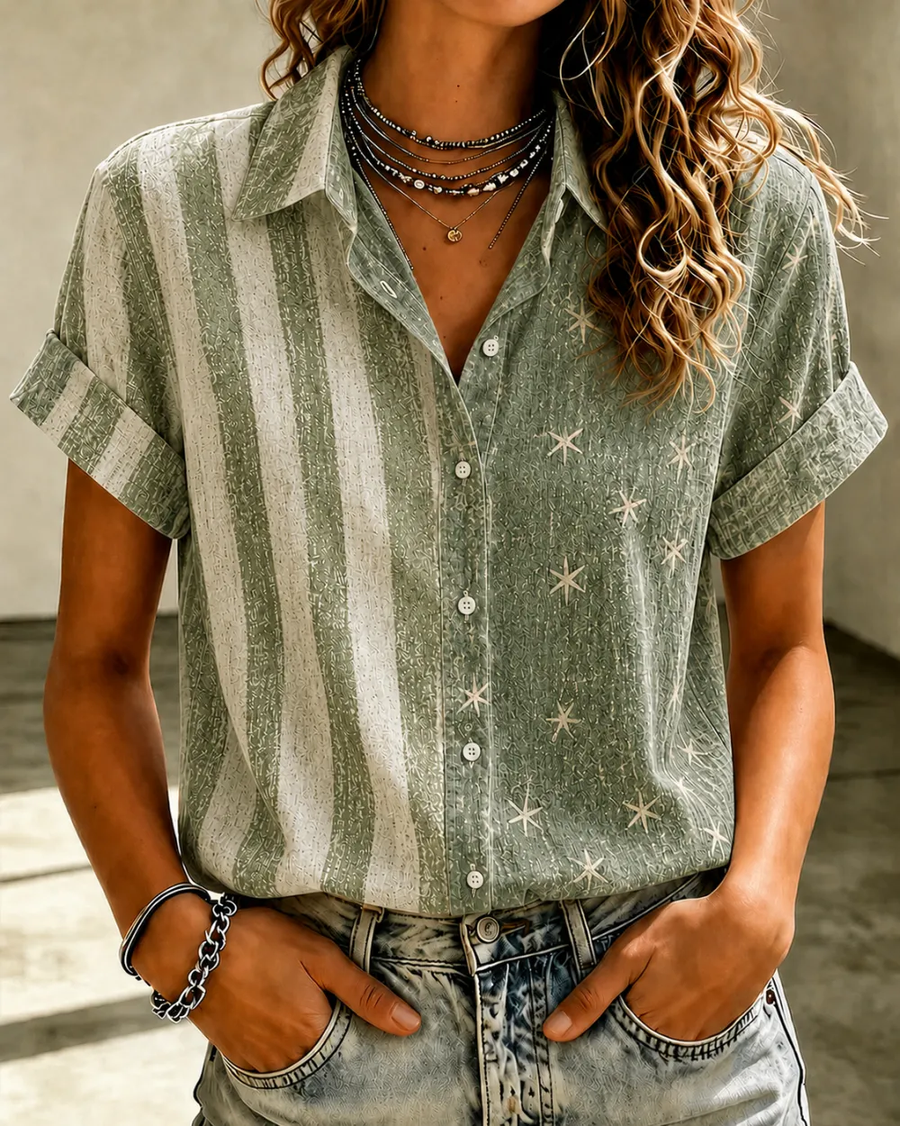 Women'S Casual American Flag 250Th Anniversary Celebration Floral Embroidery Printed Lapel Shirt