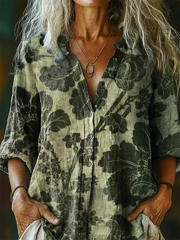 Women's Vintage Floral Art Print Casual Cotton And Linen Shirt