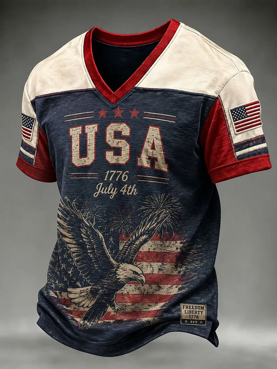 Men's Independence Day Printed V-neck T-shirt