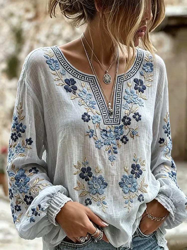 Women'S Cotton Linen Flower Imitation Printing Top