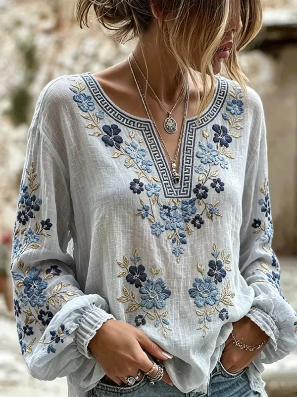 Women'S Cotton Linen Flower Imitation Printing Top