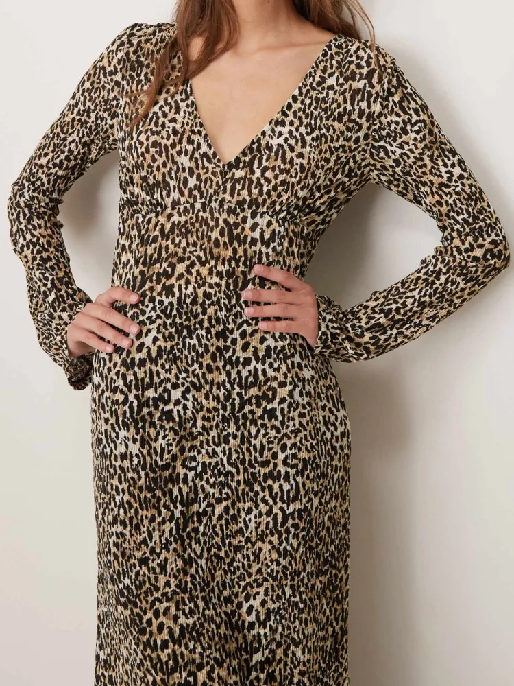 Leopard V-Neck Long Sleeve Dress