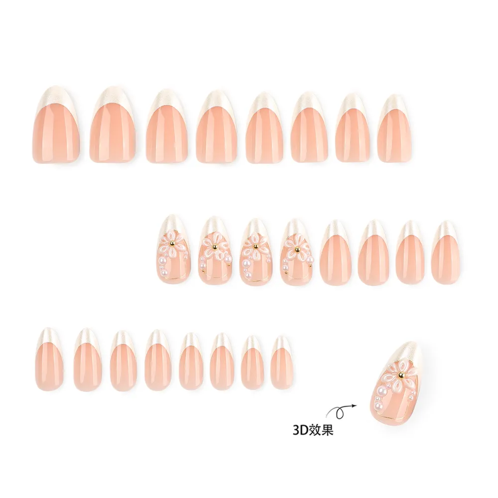 Nailhour 24Pcs White French 3D Medium Almond Press On Nails