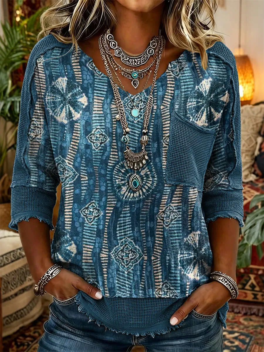 Women's Retro Ethnic Tie-dye Art Print Casual Three-quarter Sleeve V-neck Patchwork Cotton Linen Shirt