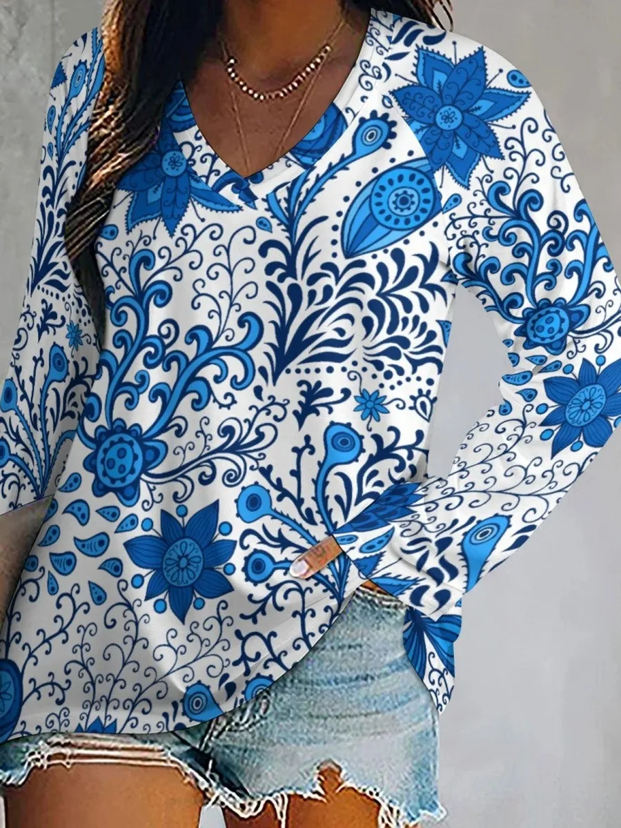Artistic Blue Floral T-Shirt