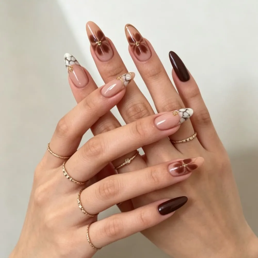 Nailhour 24Pcs French 3D Floral Medium Almond Press On Nails
