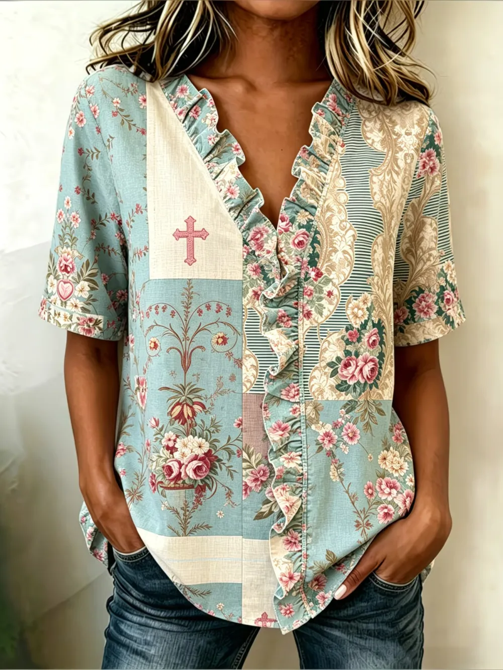 Women's Casual V-Neck Printed Cotton-Linen Top