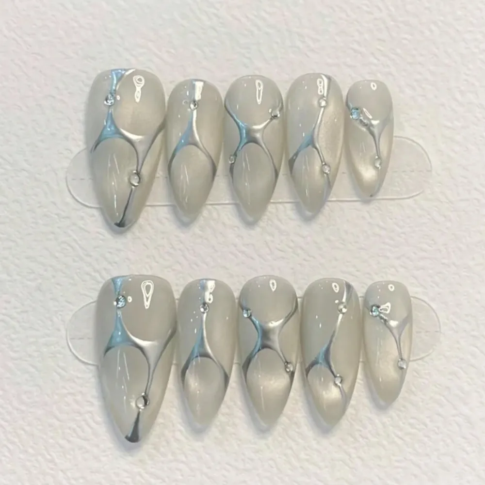 Nailhour 10Pcs Handmade Y2K Medium Almond White Chrome Cat Eye Press On Nails