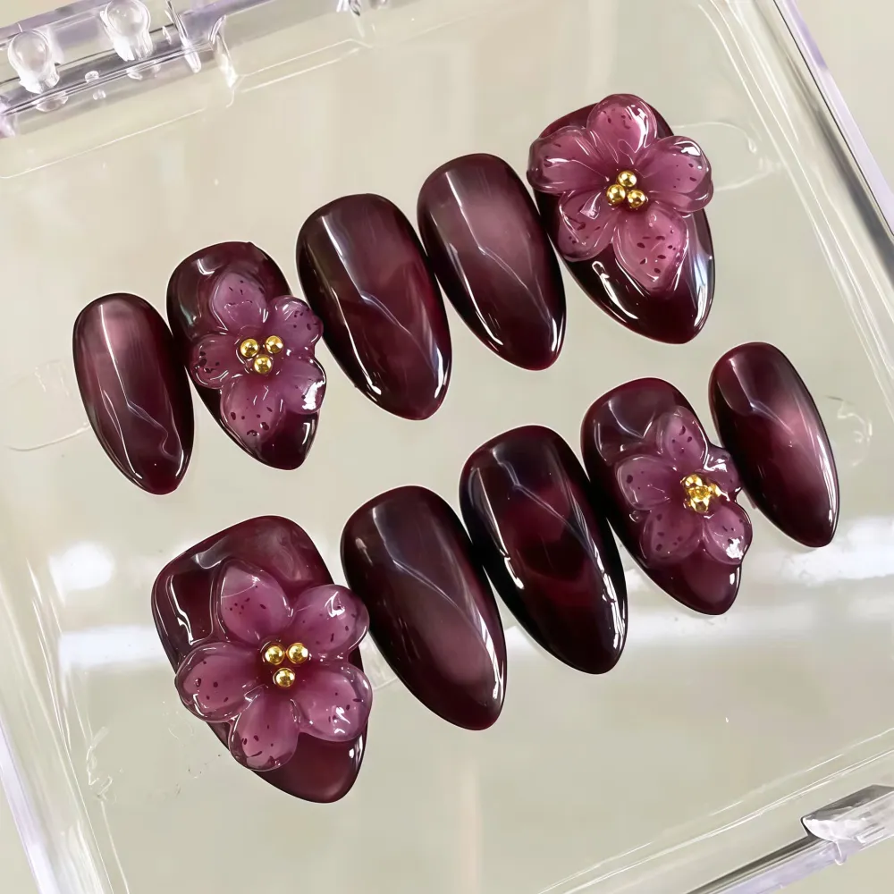 Nailhour 30Pcs Autumn Floral 3D Medium Almond French Purple Press On Nails